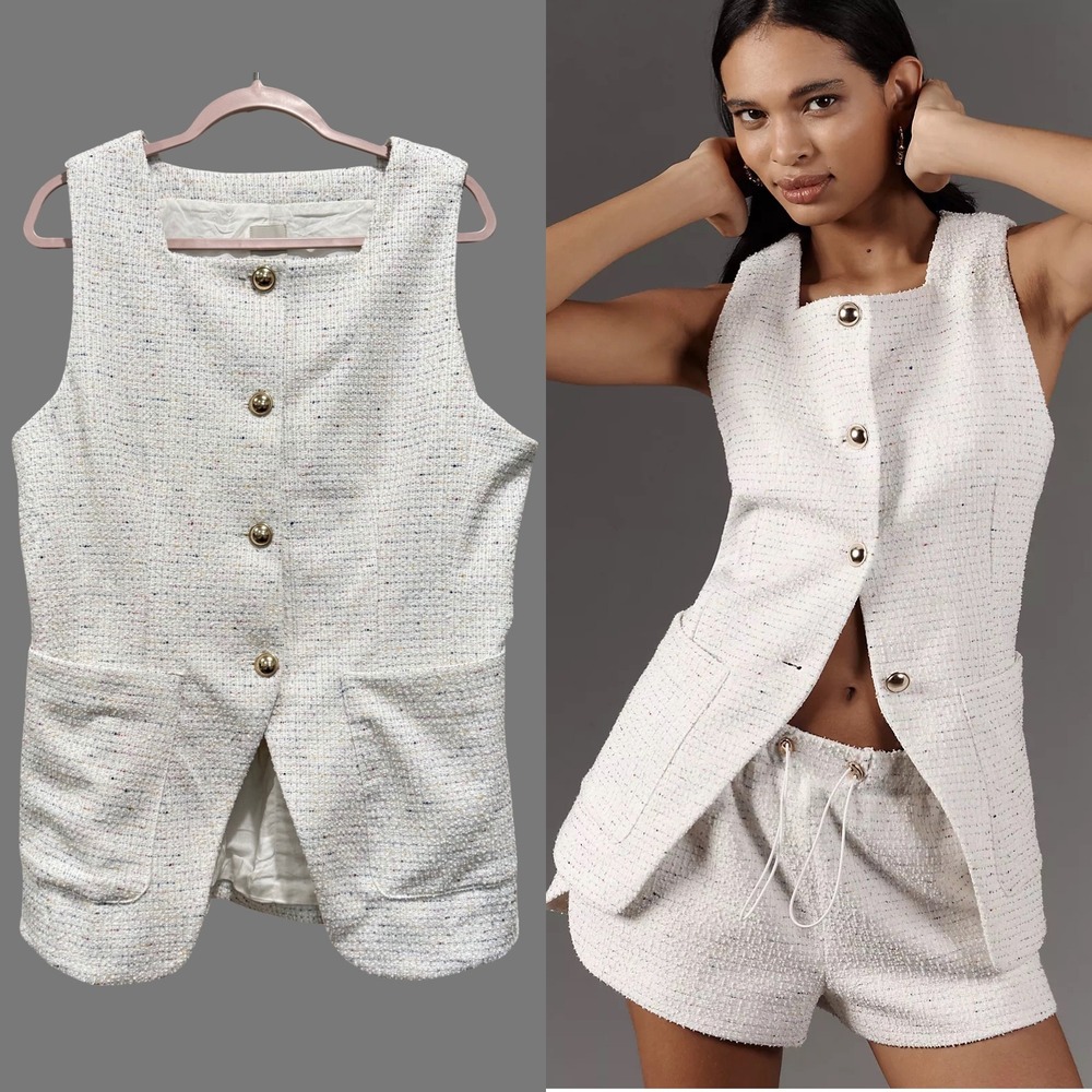 Maeve Anthropologie Tweed Vest Large White Square Neck Button Pockets Career NEW